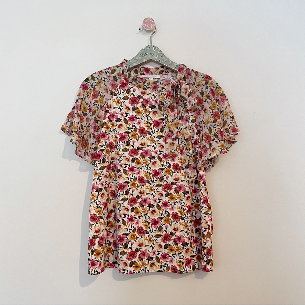 Ivy Ridge Floral Botanical Flowy Blouse with Tie Neck